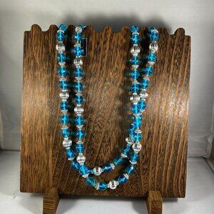 Vintage Genuine Lucite Blue & Silver Beaded Necklace Made In Canada